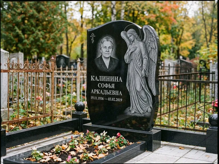 Памятник с гравировкой ангела — гравировка ангела с крестом рядом с эпитафией, работа «Игнатова» в Салехарде