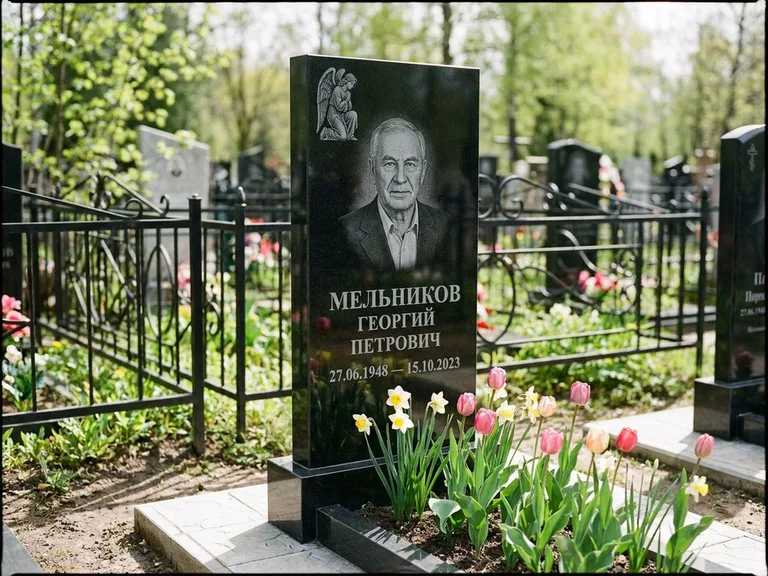 Памятник с гравировкой ангела — гравировка ангела с голубем по диагонали стелы, работа «Доронин» в Салехарде
