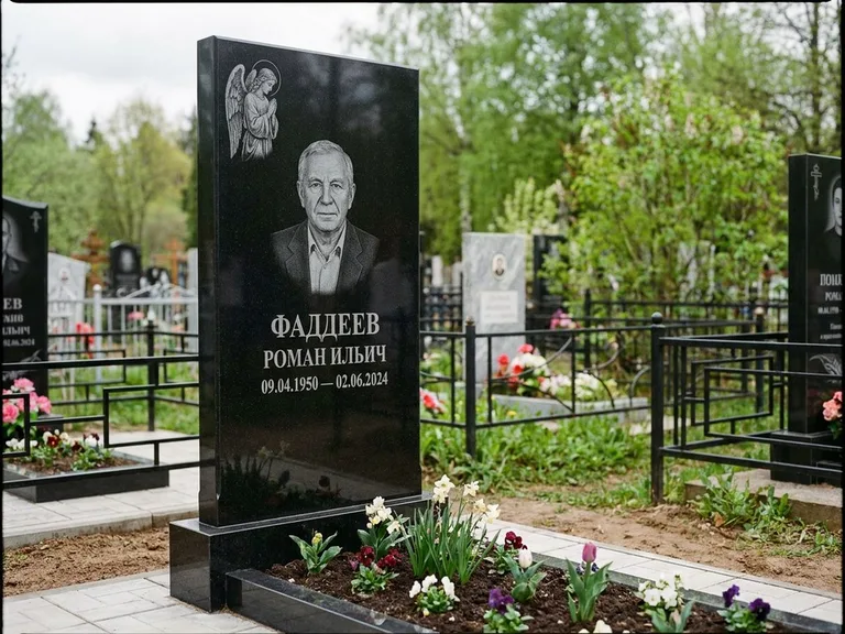 Памятник с гравировкой ангела — гравировка молящегося ангела в верхней части стелы, работа «Фаддеев» в Салехарде