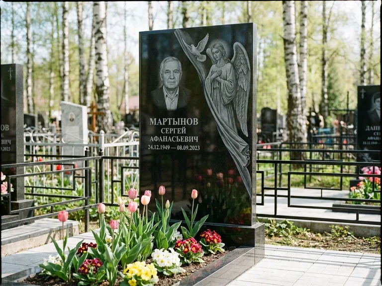 Памятник с гравировкой ангела — гравировка двух ангелов по сторонам портрета, работа «Касаткин» в Салехарде