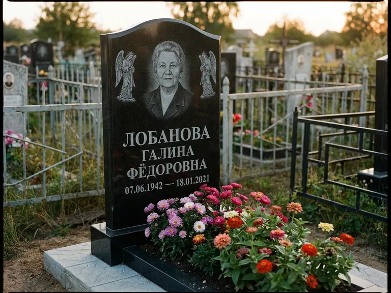 Памятник с гравировкой ангела — гравировка двух ангелов по сторонам портрета, работа «Лобанова» в Салехарде