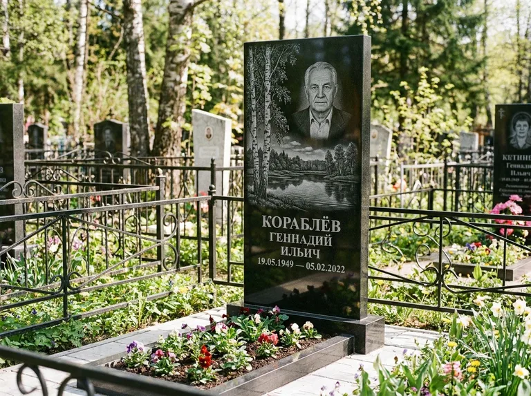 Памятник с гравировкой берёзы — гравировка берёзы у зеркального озера, работа «Кораблёв» в Салехарде