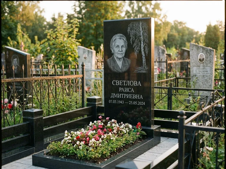 Памятник с гравировкой берёзы — гравировка плакучей берёзы с тонкими ветвями, работа «Светлова» в Салехарде