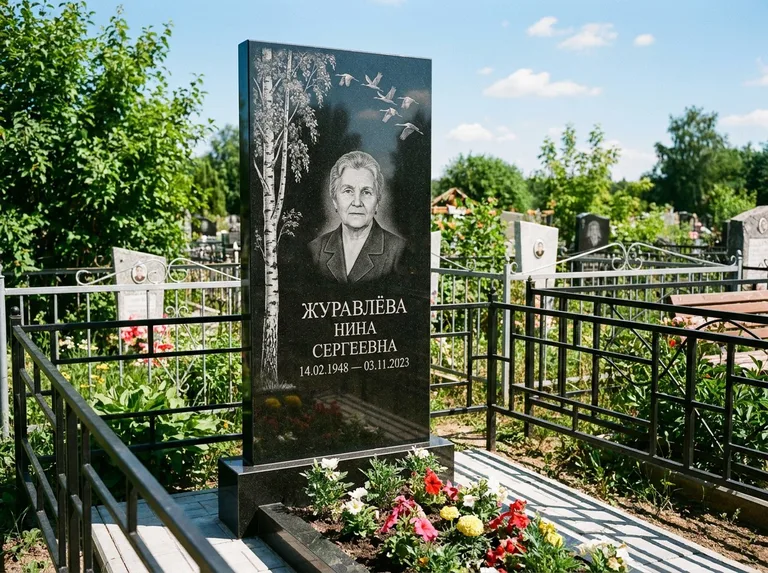Памятник с гравировкой берёзы — гравировка берёзы с журавлиным клином в небе, работа «Журавлёва» в Салехарде