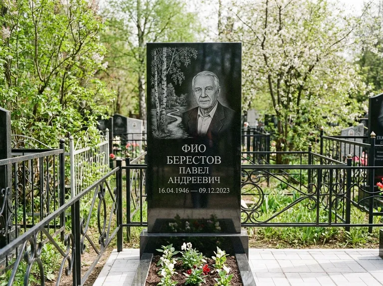 Памятник с гравировкой берёзы — гравировка берёзы у тропинки, уходящей вдаль, работа «Берестов» в Салехарде
