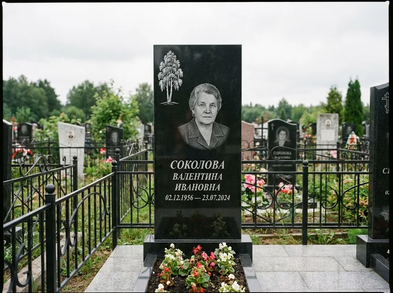 Памятник с гравировкой берёзы — гравировка одинокой берёзы над именем, работа «Соколова» в Салехарде