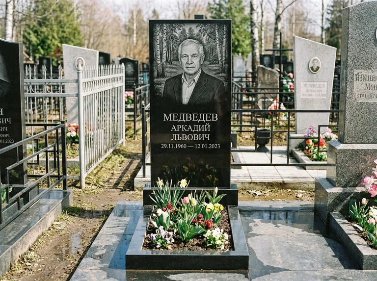 Памятник с гравировкой берёзы — гравировка берёзовой рощи в глубину, работа «Медведев» в Салехарде