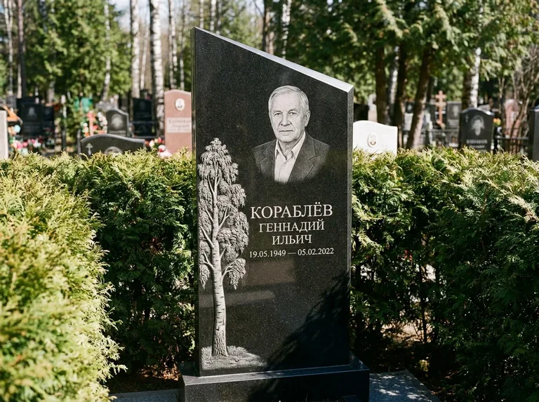 Памятник с гравировкой берёзы: асимметричная скошенная стела — объёмная одинокая берёза с фактурной корой, живая изгородь из туи, работа «Кораблёв» в Салехарде