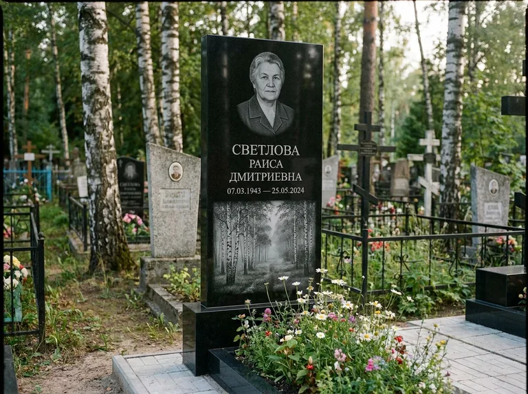 Памятник с гравировкой берёзы: двойная семейная стела — берёзовая роща в лёгкой дымке, цветник с полевыми цветами, работа «Светлова» в Салехарде