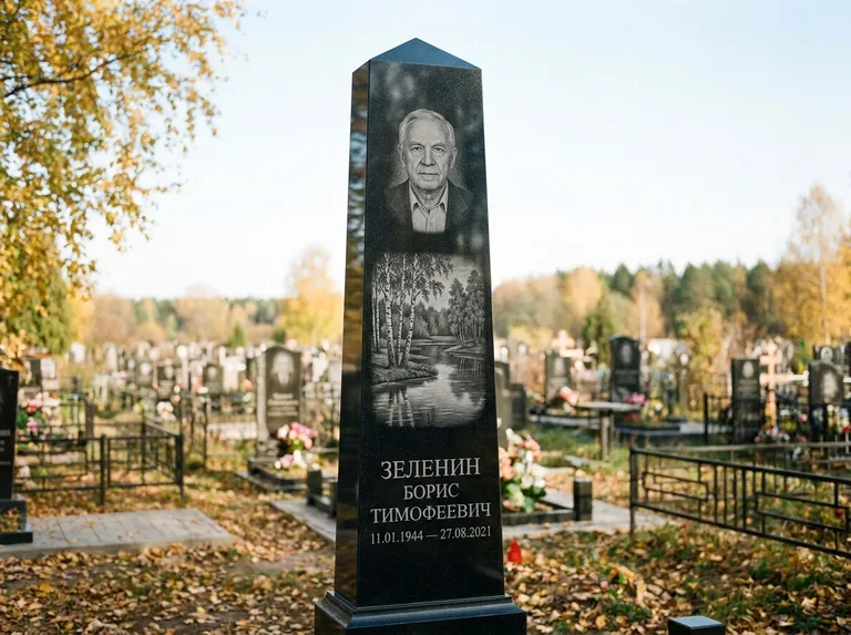 Памятник с гравировкой берёзы: гранёный обелиск-колонна — берёза у воды с отражением, открытый участок, мягкий свет, работа «Зеленин» в Салехарде