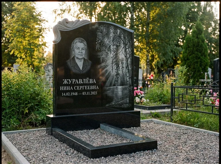 Памятник с гравировкой берёзы: стела с фигурным резным верхом — плакучая берёза в контровом свете, гравийная отсыпка, рассвет, работа «Журавлёва» в Салехарде