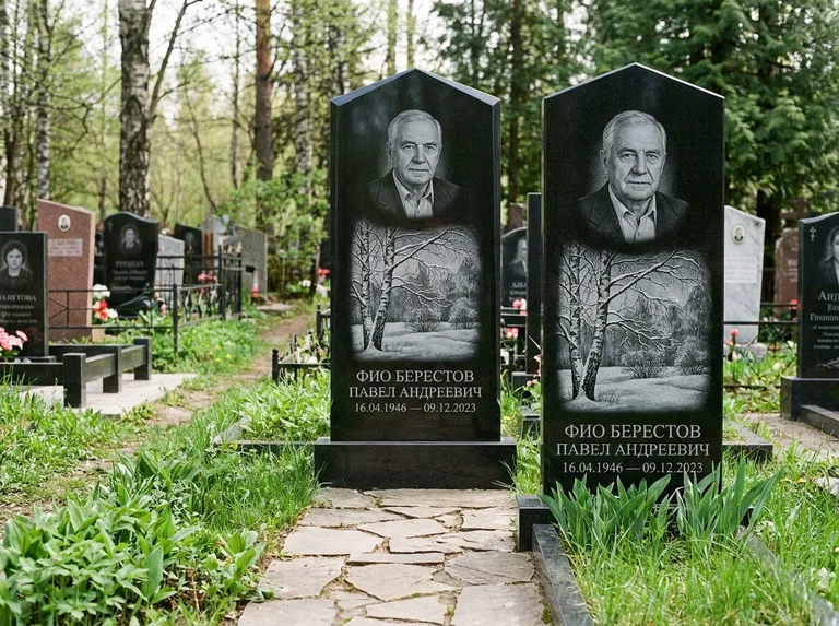 Памятник с гравировкой берёзы: массивная стела с двускатным навершием — зимняя берёза, снег на ветвях, дорожка из природного плитняка, работа «Берестов» в Салехарде