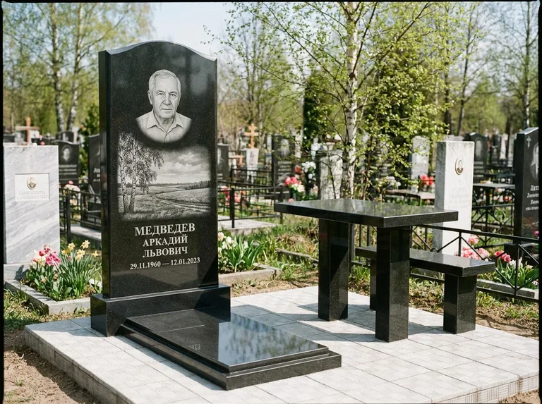 Памятник с гравировкой берёзы: стела с гранитным столиком и скамьёй — берёза у поля, простор до горизонта, семейный участок с плиткой, работа «Медведев» в Салехарде