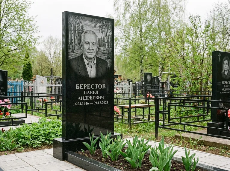 Памятник с гравировкой берёзы — гравировка берёзовой рощи в глубину, работа «Берестов» в Салехарде