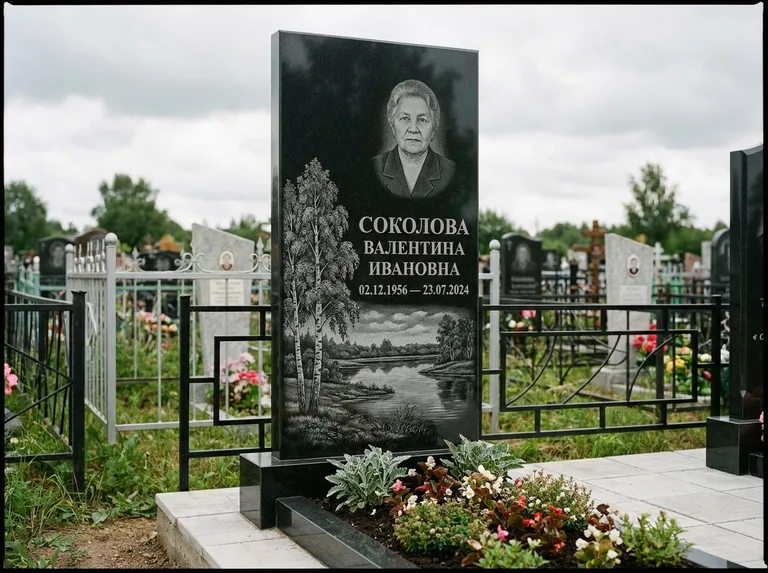 Памятник с гравировкой берёзы — гравировка берёзы у зеркального озера, работа «Соколова» в Салехарде