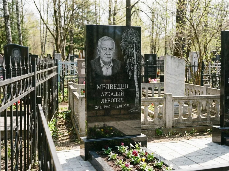 Памятник с гравировкой берёзы — гравировка плакучей берёзы с тонкими ветвями, работа «Медведев» в Салехарде