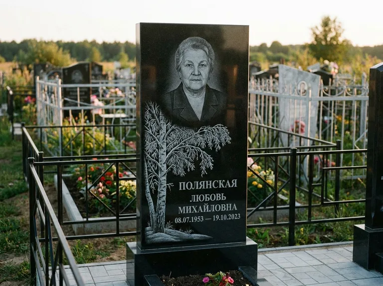 Памятник с гравировкой берёзы — гравировка зимней берёзы в инее, работа «Полянская» в Салехарде