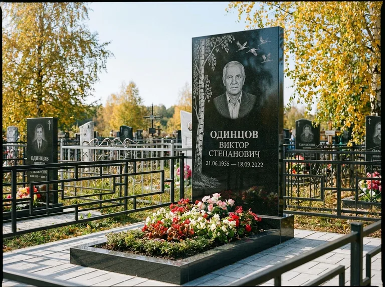 Памятник с гравировкой берёзы — гравировка берёзы с журавлиным клином в небе, работа «Одинцов» в Салехарде