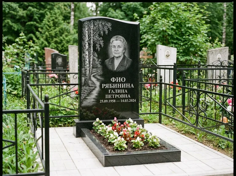 Памятник с гравировкой берёзы — гравировка берёзы у тропинки, уходящей вдаль, работа «Рябинина» в Салехарде
