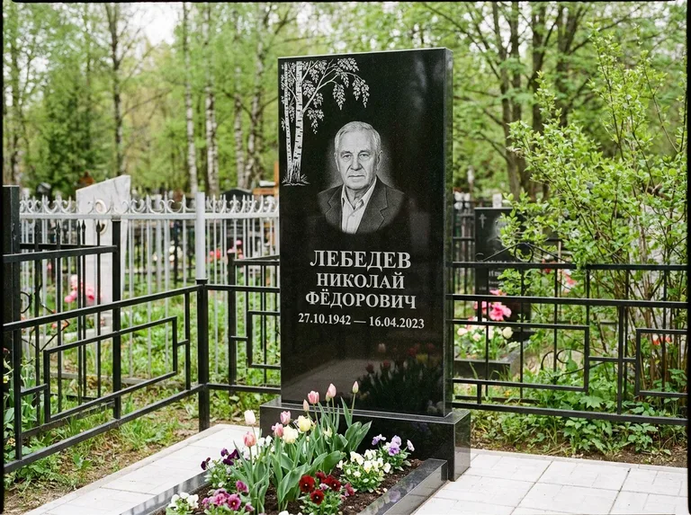 Памятник с гравировкой берёзы — гравировка одинокой берёзы над именем, работа «Лебедев» в Салехарде