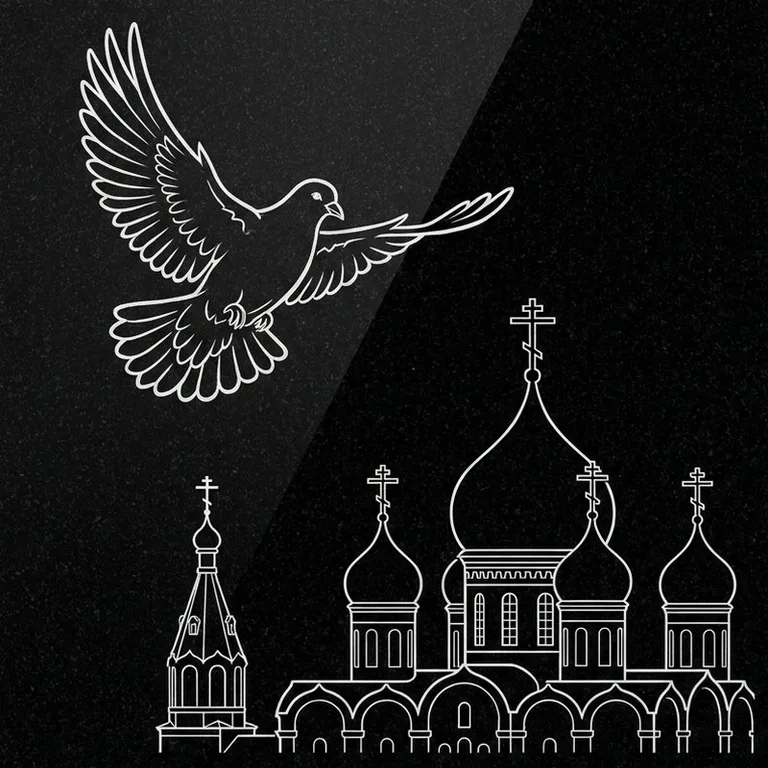 Эскиз гравировки голубей на памятник — голубь в небе над храмом в Салехарде
