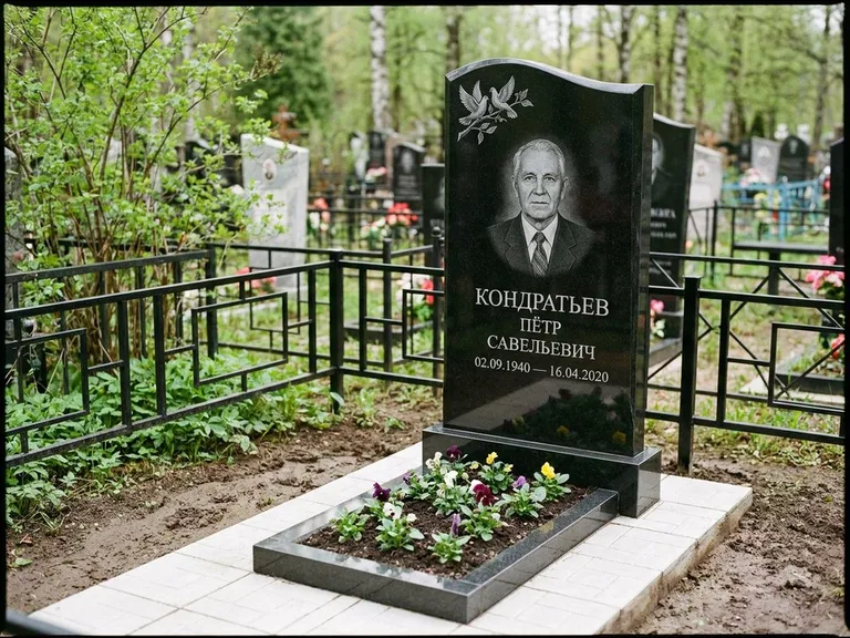 Памятник с гравировкой голубей — гравировка пары голубей на ветке в верхнем углу стелы, работа «Кондратьев» в Салехарде