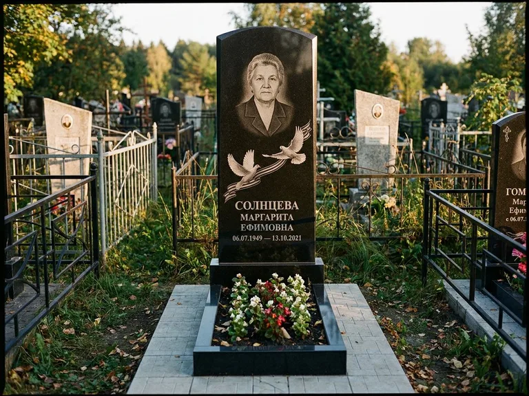 Памятник с гравировкой голубей — гравировка двух летящих голубей с лентой по диагонали стелы, работа «Солнцева» в Салехарде