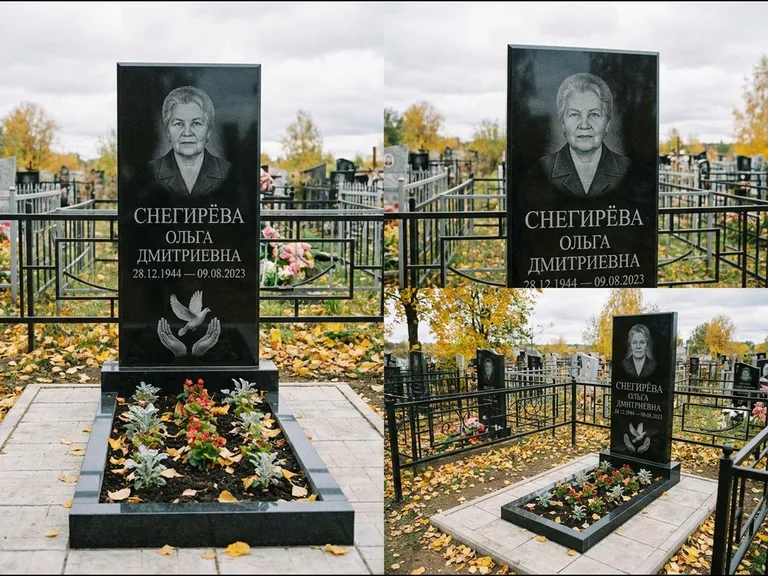 Памятник с гравировкой голубей — гравировка голубя над раскрытыми ладонями внизу стелы, работа «Снегирёва» в Салехарде