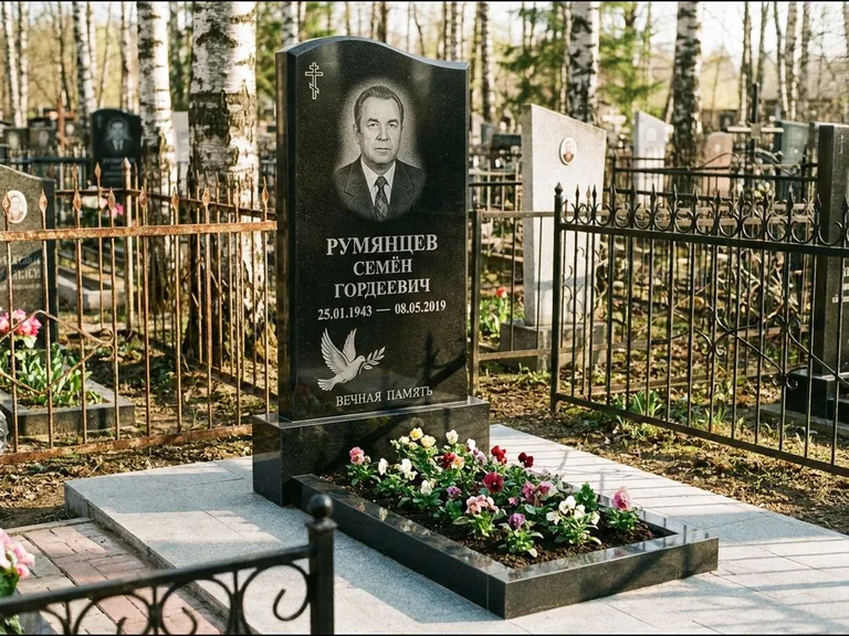 Памятник с гравировкой голубей — гравировка голубя с оливковой ветвью рядом с эпитафией, работа «Румянцев» в Салехарде
