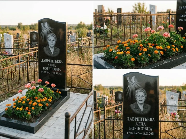 Памятник с гравировкой голубей — гравировка голубя в лучах света над портретом, работа «Лаврентьева» в Салехарде