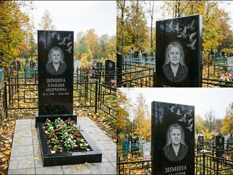 Памятник с гравировкой голубей — гравировка стаи голубей, взлетающей от угла стелы, работа «Зимина» в Салехарде