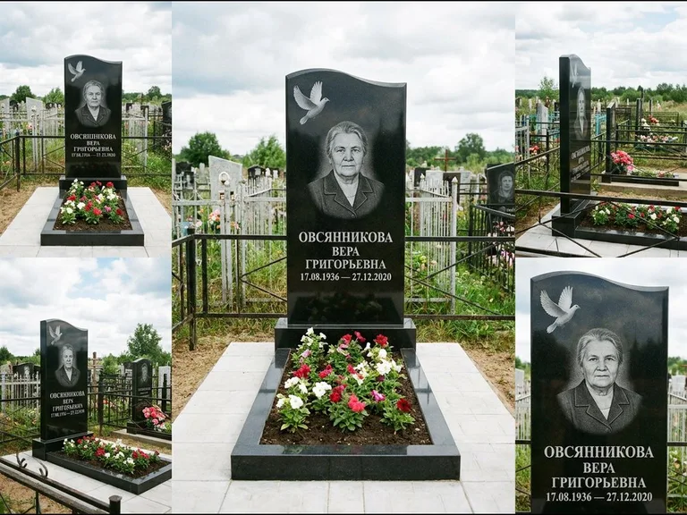 Памятник с гравировкой голубей — белая гравировка взлетающего голубя над портретом, работа «Овсянникова» в Салехарде