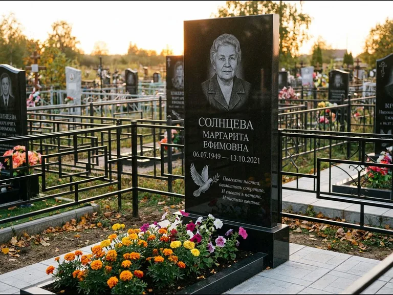 Памятник с гравировкой голубей — гравировка голубя с оливковой ветвью рядом с эпитафией, работа «Солнцева» в Салехарде