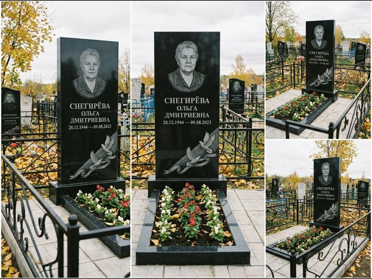Памятник с гравировкой голубей — гравировка двух летящих голубей с лентой по диагонали стелы, работа «Снегирёва» в Салехарде