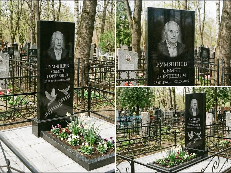 Памятник с гравировкой голубей — гравировка двух летящих голубей с лентой по диагонали стелы, работа «Румянцев» в Салехарде