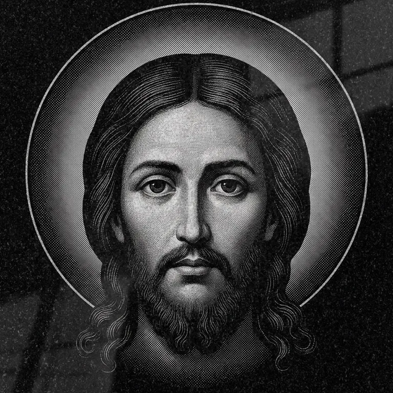 Эскиз иконы: Спас Нерукотворный (полутон) — детальный лик на убрусе, гравировка на памятник в Салехарде