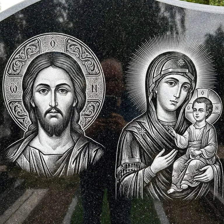 Эскиз иконы: Спаситель и Богородица — парные образы симметрично, гравировка на памятник в Салехарде