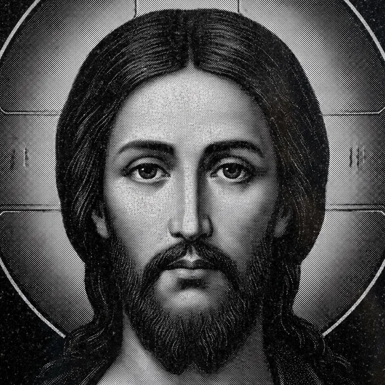 Эскиз иконы: Спас Вседержитель (полутон) — объёмный лик, светотень, гравировка на памятник в Салехарде