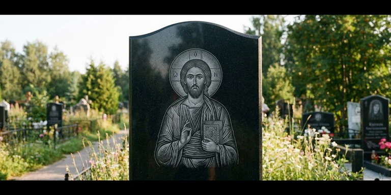 Иконы для гравировки на памятник в Салехарде — образ на стеле из чёрного гранита с ручной доводкой лика