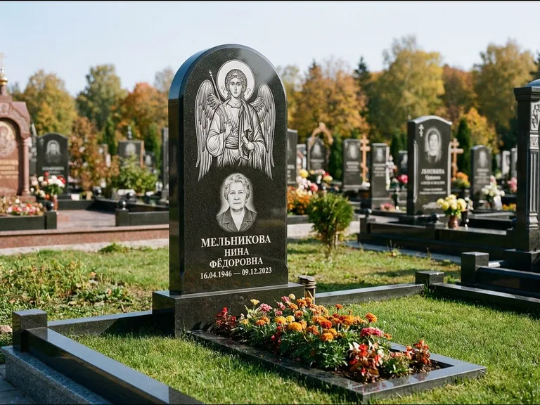 Памятник с гравировкой иконы — икона над портретом усопшего, работа «Журавлёв» в Салехарде