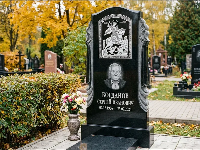 Памятник с гравировкой иконы — икона Спаса Вседержителя над именем усопшего, работа «Лебедева» в Салехарде