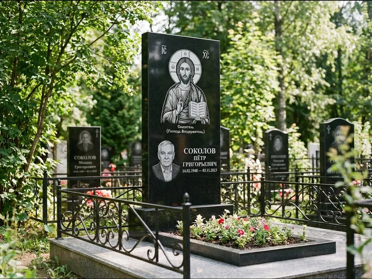 Памятник с гравировкой иконы — икона Спаса Вседержителя над именем усопшего, работа «Воронцова» в Салехарде