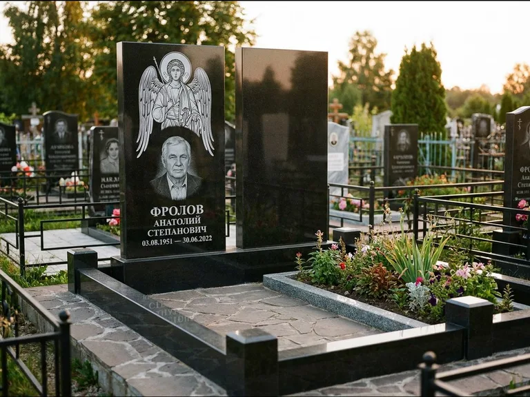 Памятник с гравировкой иконы: стела с резной рамкой вокруг иконы — Архангел Михаил на стеле, белая мраморная крошка с бордюром, работа «Богданова» в Салехарде
