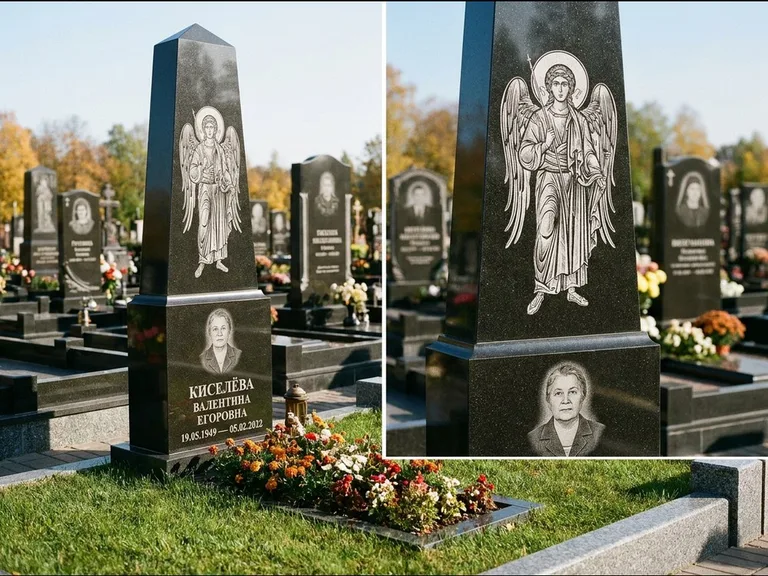 Памятник с гравировкой иконы: асимметричная скошенная стела — гравировка образа Спасителя, живая изгородь из кустарника, работа «Третьяков» в Салехарде