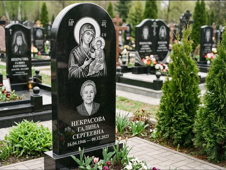 Памятник с гравировкой иконы: фигурная стела с киот-нишей под икону — икона в резной рамке-киоте, светлая гравийная отсыпка, работа «Журавлёв» в Салехарде