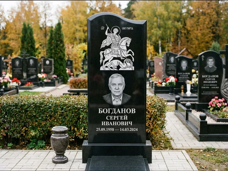 Памятник с гравировкой иконы: монументальный семейный мемориал из двух стел на общем цоколе — гравировка Николая Чудотворца, мощёная гранитная площадка без ограды, работа «Раевская» в Салехарде