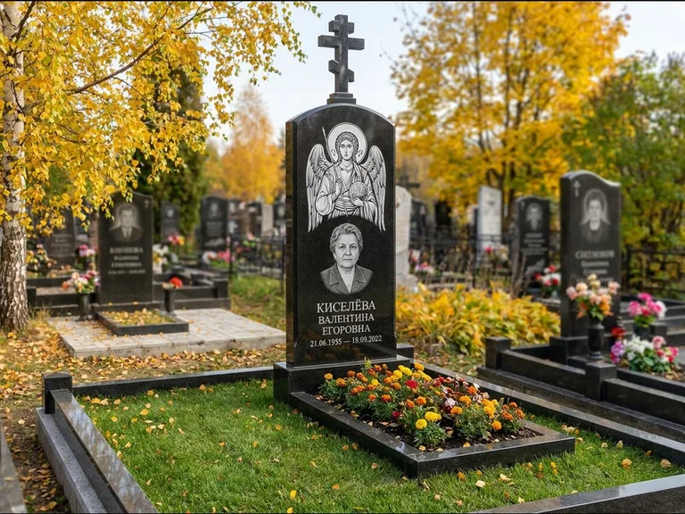 Памятник с гравировкой иконы — образ в полный рост на обороте стелы, работа «Гущин» в Салехарде