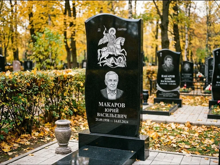 Памятник с гравировкой иконы — икона над портретом усопшего, работа «Раевская» в Салехарде