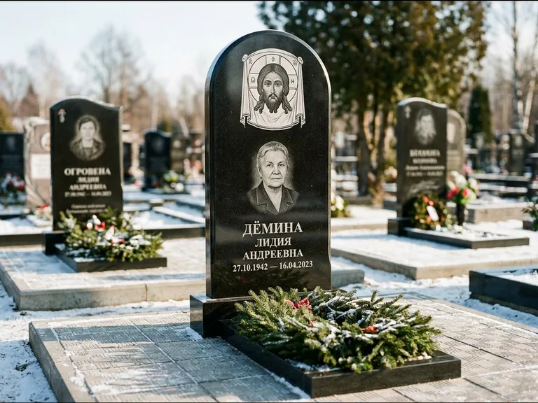Памятник с гравировкой иконы — икона Спаса Вседержителя над именем усопшего, работа «Ковалёв» в Салехарде