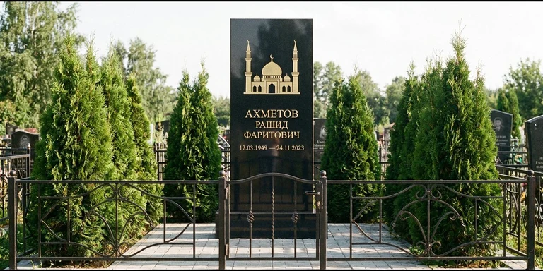 Гравировка мечети на памятник в Салехарде — стела из чёрного гранита, оформление по канонам ислама